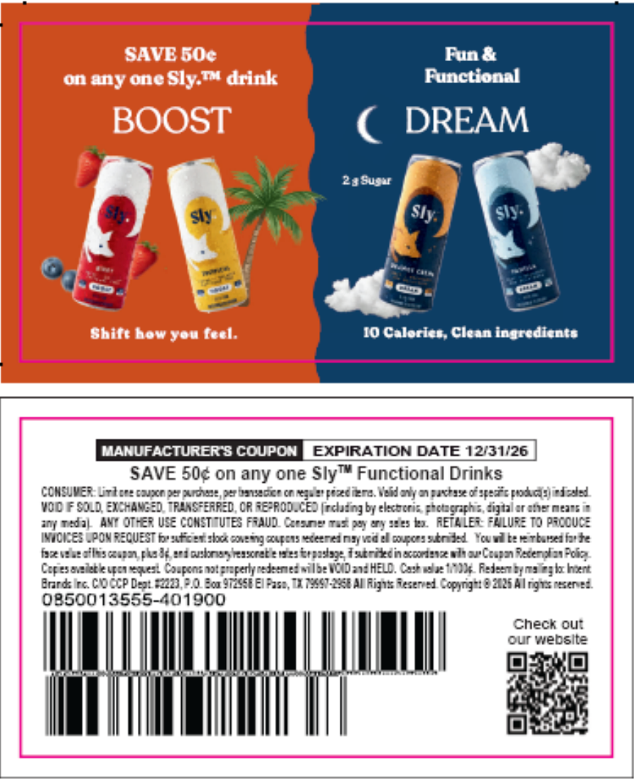 Save 50 cents on any one Sly functional drink